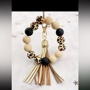 Acrylic Leopard/Gold Bracelet Keychain Purse Charm With Tassel